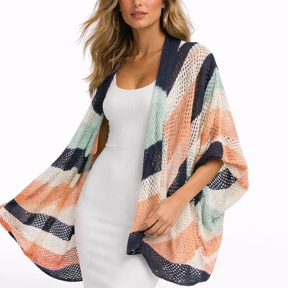 Anthropologie Open Knit Chevron Stripe Cocoon Wrap Vest One Size - Picture 1 of 8